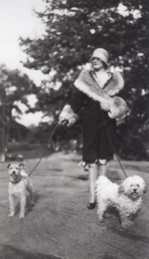 a woman walking two dogs on a leash, by Elsie Henderson, bauhaus, fashion icon, small white dog at her side, ffffound, queen margherita of savoy