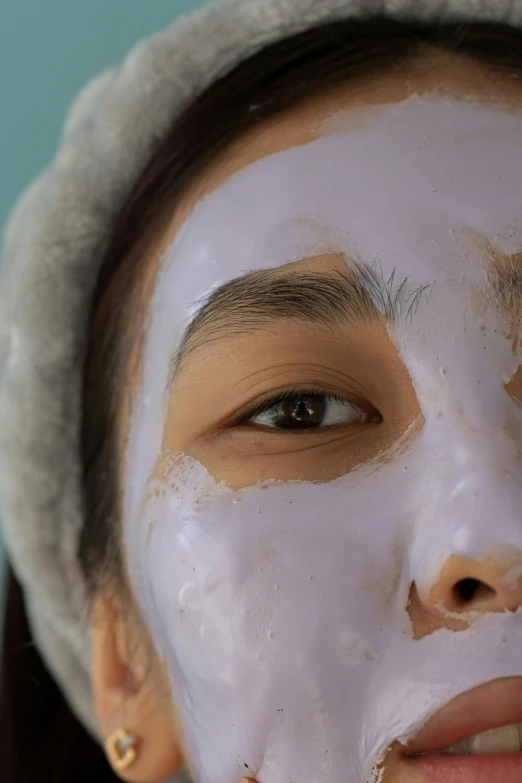 a close up of a person with a face mask, smooth purple skin, asian features, porcelain skin ”, purple