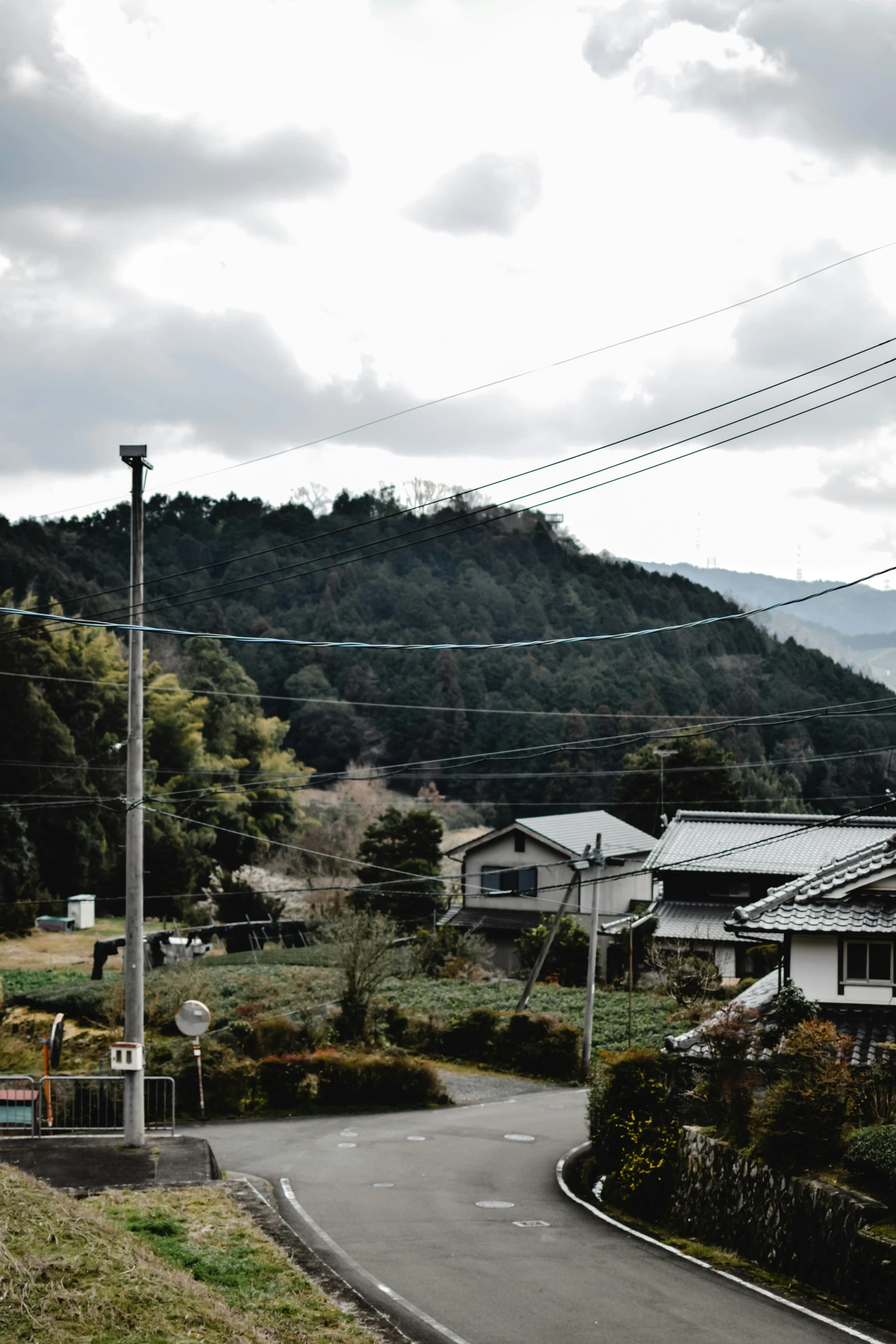 a red stop sign sitting on the side of a road, sōsaku hanga, distant town in valley and hills, telephone wires, instagram story, roofed forest