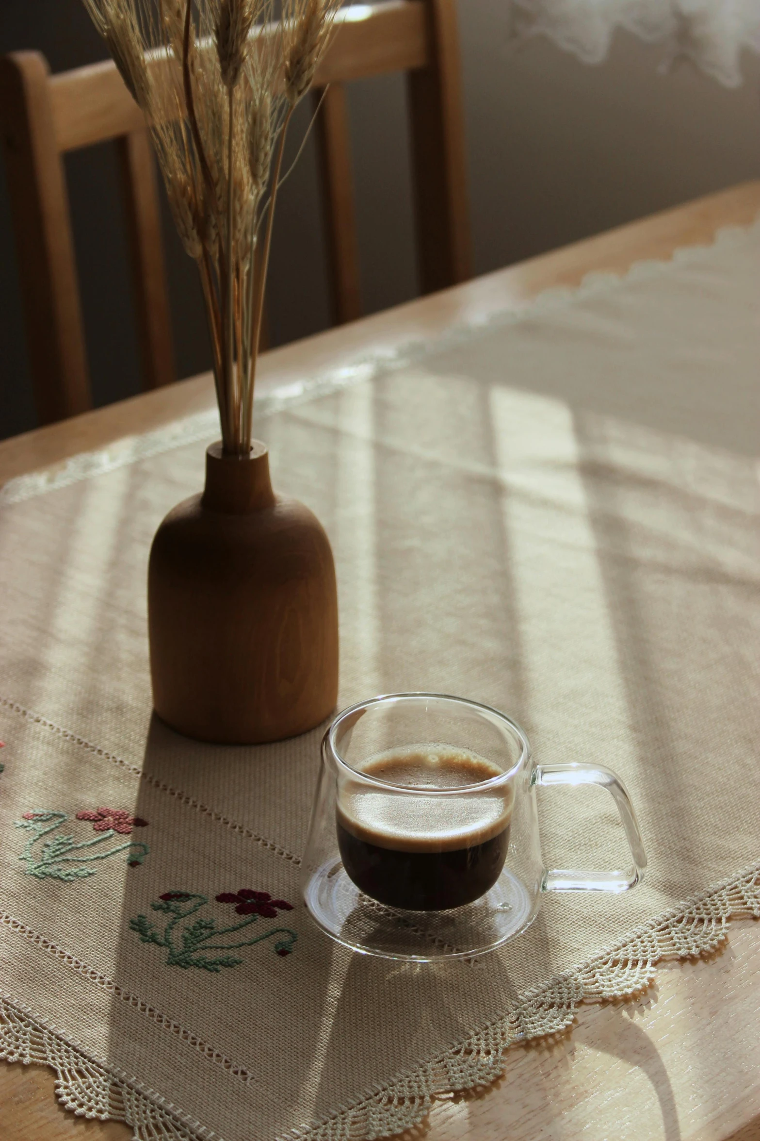 a cup of coffee sitting on top of a table, by Yasushi Sugiyama, summer morning light, with clear glass, medium - shot, indoor