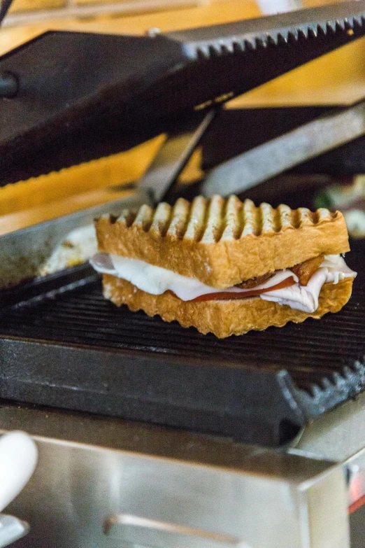 a close up of a sandwich on a grill, private press, chalk, carefully crafted, a pair of ribbed, iconic