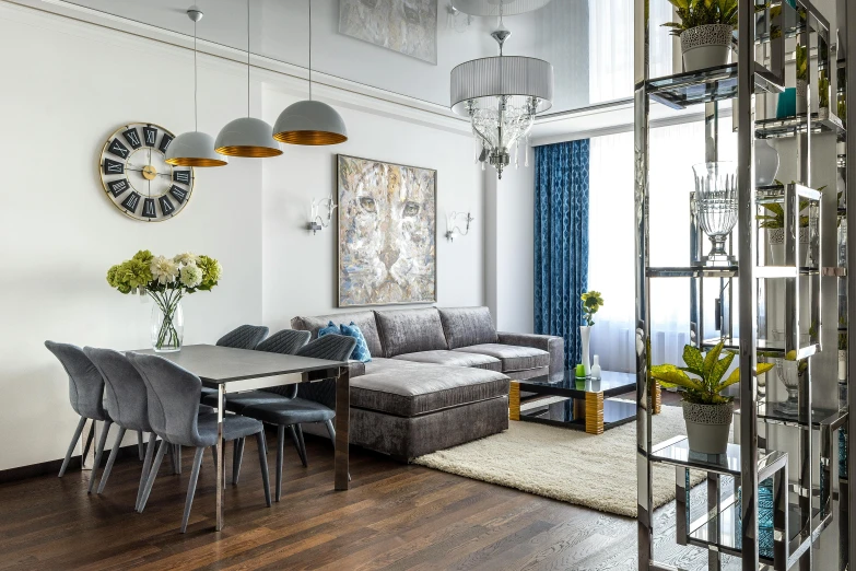 a living room filled with furniture and a clock on the wall, by Adam Marczyński, pexels contest winner, white and teal metallic accents, suspended ceiling, neo kyiv, silver with gold accents