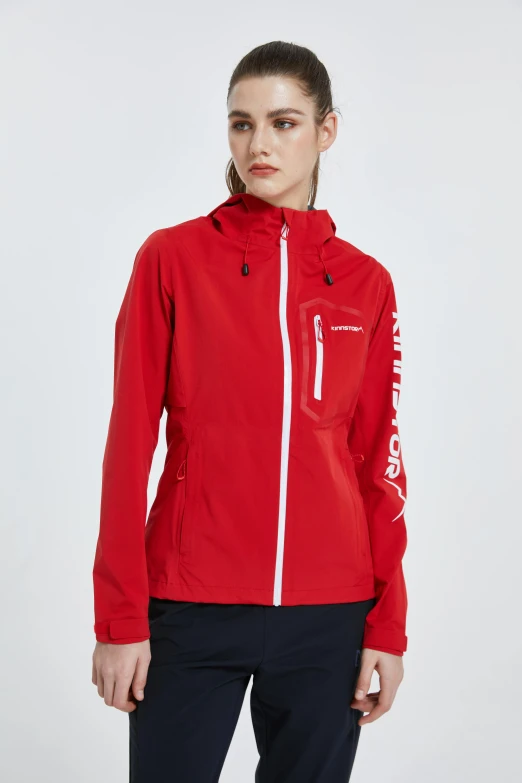 a woman wearing a red jacket and black pants, detailed product shot, sail, red and white, product advertisement