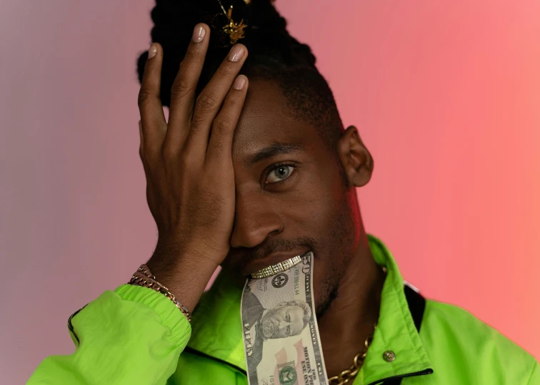 a man with a dollar bill in his mouth, an album cover, by Cosmo Alexander, trending on pexels, neon colored, hand on his cheek, thot, pose model