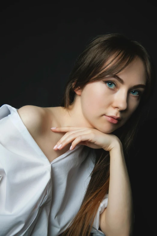 a woman in a white shirt posing for a picture, by irakli nadar, pexels contest winner, hyperrealism, natural soft pale skin, ukrainian, 5 0 0 px models, over the shoulder