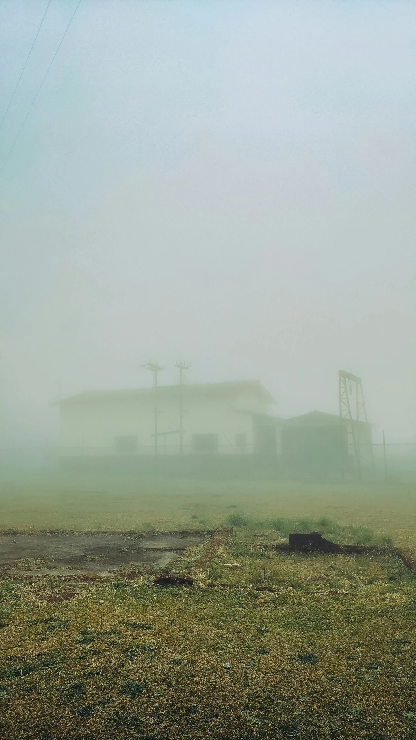 a horse standing in a field on a foggy day, an album cover, inspired by Elsa Bleda, conceptual art, abandoned gas station, baseball stadium, desolate :: long shot, ignant