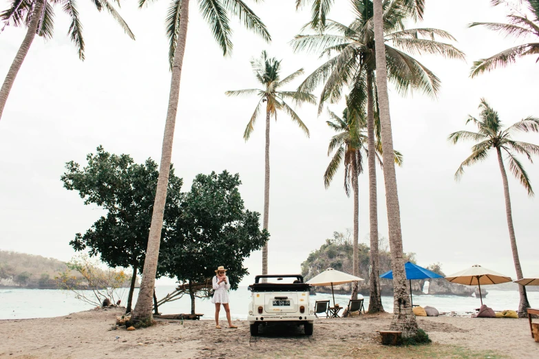 a white truck parked on top of a sandy beach, a portrait, inspired by Mardi Barrie, unsplash, tree palms in background, white sarong, woman, sparkling cove