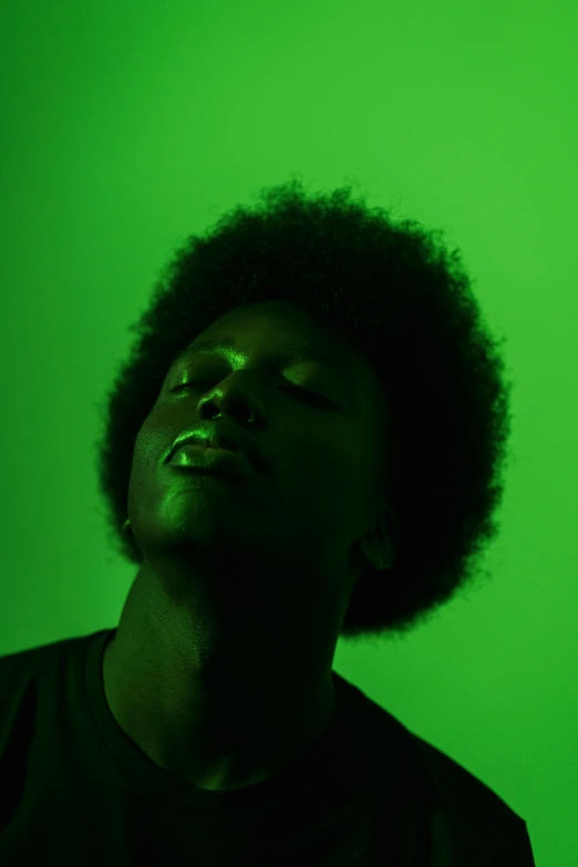 a woman standing in front of a green background, by Attila Meszlenyi, pexels contest winner, afrofuturism, black teenage boy, in a gentle green dawn light, green concert light, with afro