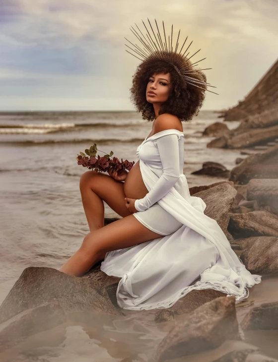 a woman sitting on top of a rock next to the ocean, an album cover, pexels contest winner, afrofuturism, pregnant belly, white gown, curls, lovely bohemian princess