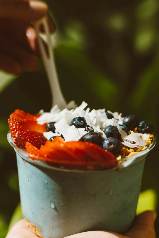 a hand holding a cup of yogurt with strawberries and blueberries, by Seb McKinnon, pexels contest winner, coconuts, its bowl overflowing with plants, blue, profile image