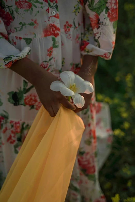 a close up of a person holding a flower, inspired by Gordon Parks, wearing a long flowy fabric, summer setting, magnolia, with yellow cloths