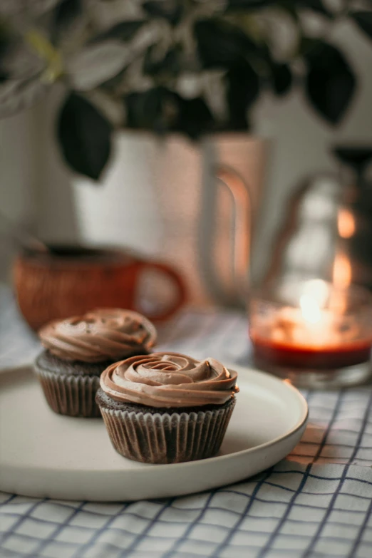 two cupcakes sitting on a plate on a table, a picture, by Eleanor Best, trending on pexels, cozy candlelight, fuji choco, profile image, grey