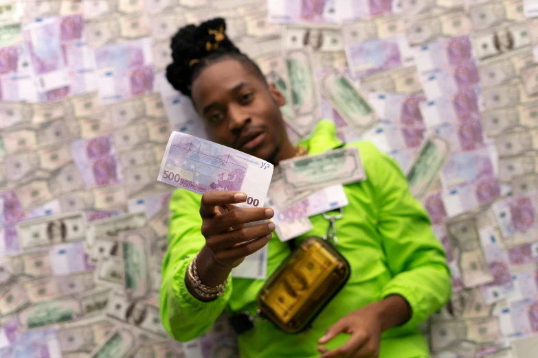 a woman standing in front of a wall of money, an album cover, pexels contest winner, playboi carti and lil uzi vert, banknote, photograph credit: ap, flaunting his wealth