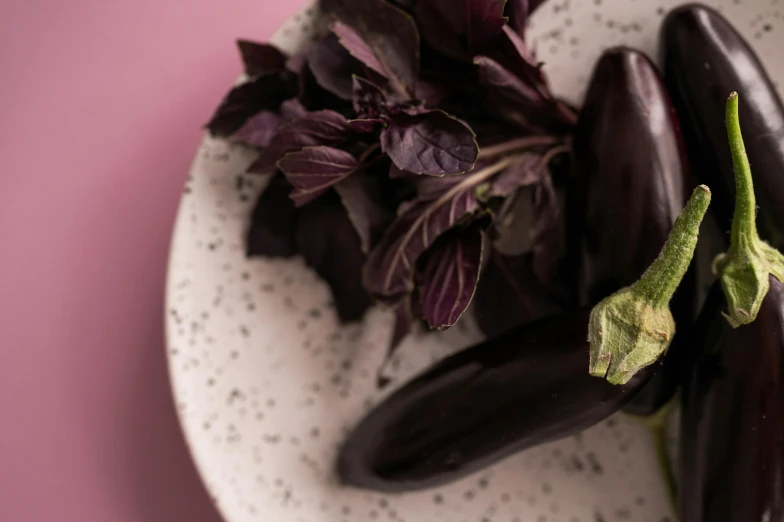 a white plate topped with purple vegetables on top of a pink surface, trending on unsplash, fresh basil, 🦩🪐🐞👩🏻🦳, purple and black, delicate features