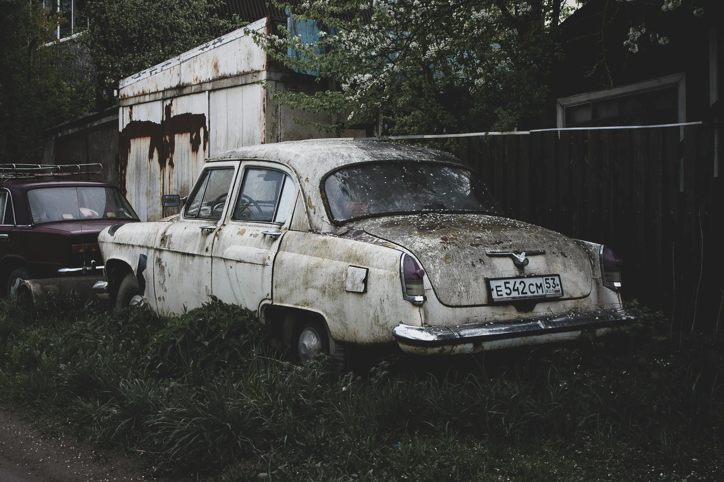 a couple of old cars parked next to each other, inspired by Elsa Bleda, pexels contest winner, pripyat, covered in dirt, discovered in a secret garden, white