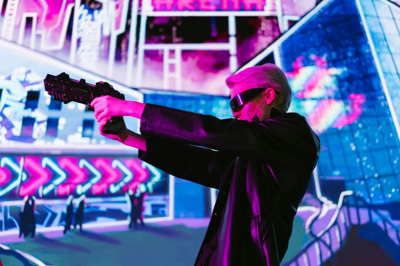 a man holding a gun in front of a building, interactive art, at future neon light rooftop, vr sunglasses, softair arena landscape, blacklight reacting