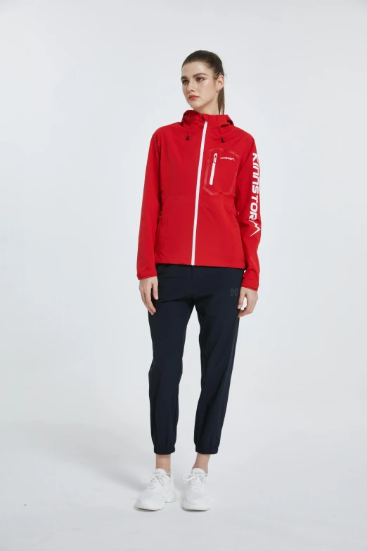 a woman wearing a red jacket and black pants, helvetica, japanese collection product, front, red lake