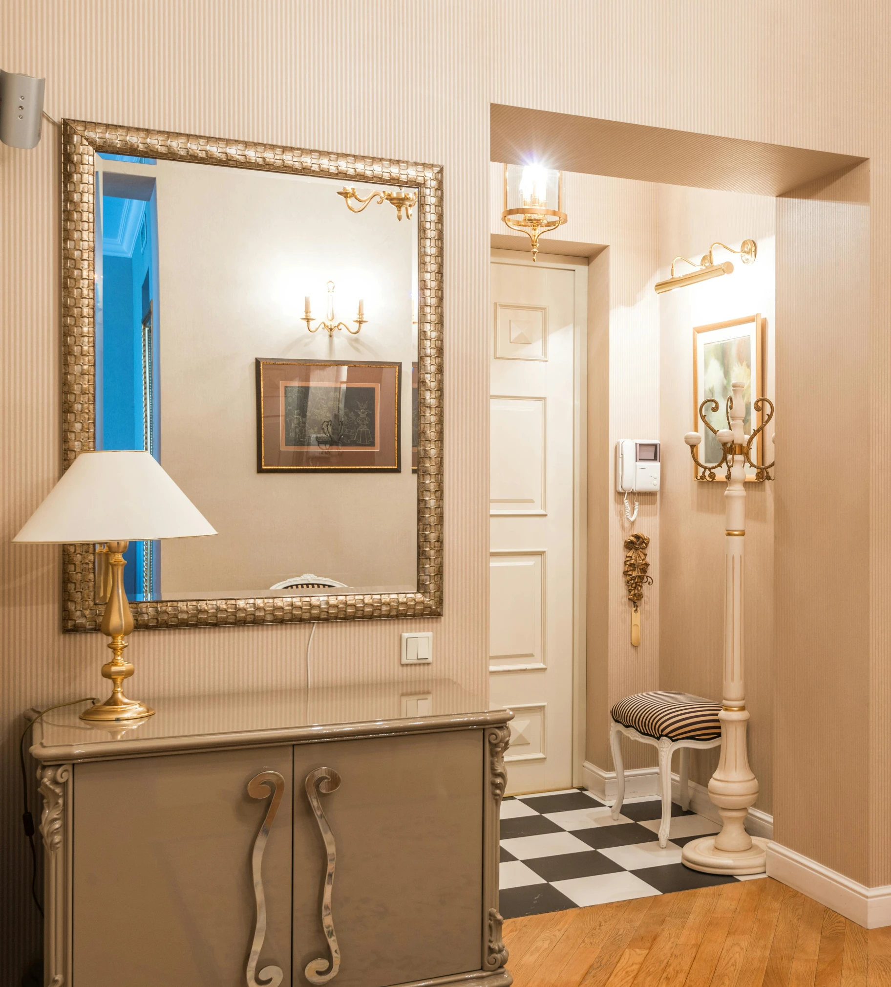 a hallway with a black and white checkered floor, a portrait, art nouveau, shiny silver with gold trim, view from behind mirror, nikolay, set photograph