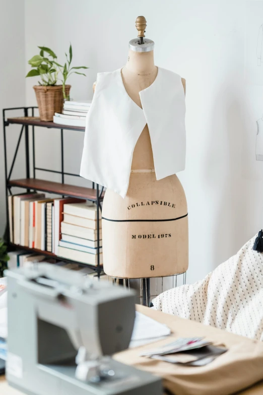 a mannequin sitting on top of a desk next to a sewing machine, wearing white v - neck top, architect studio, linen canvas, sleeveless turtleneck