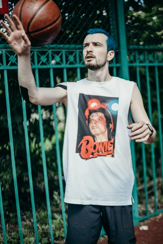 a man standing on top of a basketball court holding a basketball, an album cover, featured on reddit, bauhaus, white long tanktop, portrait of david bowie, white t-shirt, young beautiful amouranth