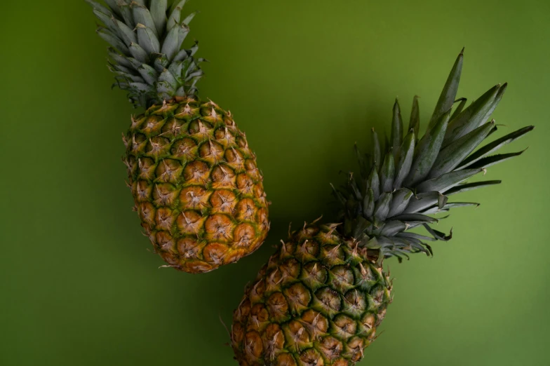 two pineapples sitting next to each other on a green surface, by Carey Morris, trending on unsplash, background image, recipe, 3/4 view from below, full colour