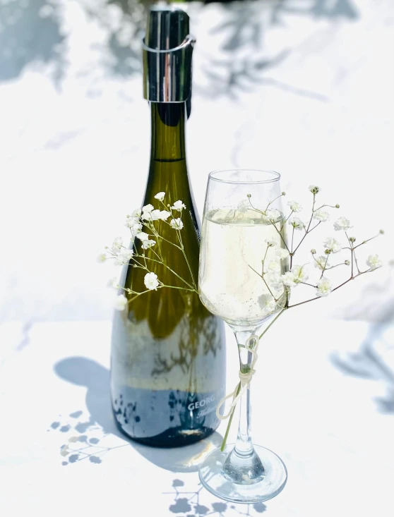 a glass of wine next to a bottle of wine, by Caroline Mytinger, pexels contest winner, romanticism, gypsophila, white snow, thumbnail, background image