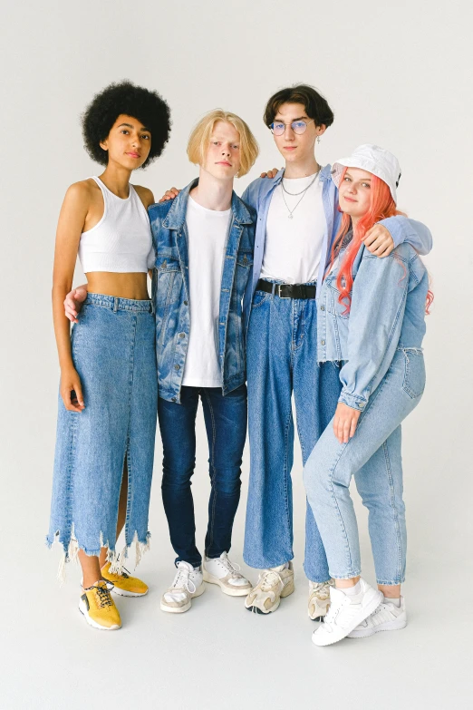 a group of young people standing next to each other, by Ellen Gallagher, trending on pexels, baggy jeans, federation clothing, pale blue, young girls