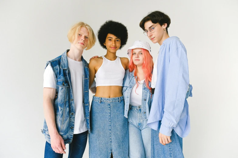 a group of young people standing next to each other, trending on pexels, albino hair, denim, rex orange county, offwhite