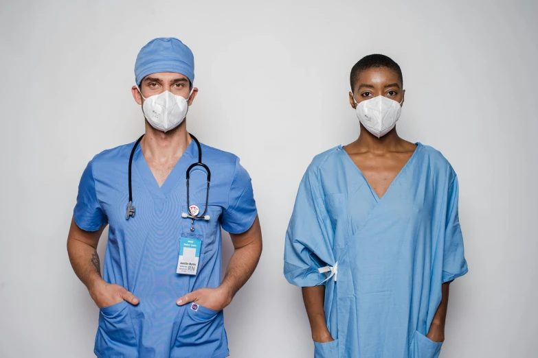 a couple of doctors standing next to each other, pexels, renaissance, finely masked, blue and grey, 5 0 0 px models, workers