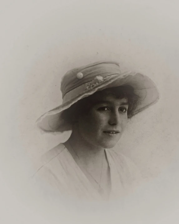 a black and white photo of a woman wearing a hat, inspired by Mildred Eldridge, aged 13, a very macular woman in white, museum photograph, sydney mortimer laurence