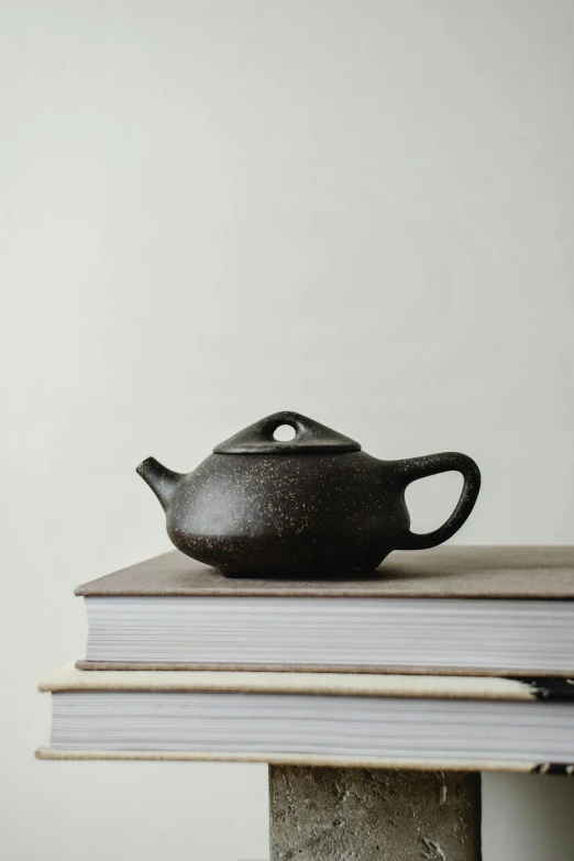 a teapot sitting on top of a stack of books, a still life, unsplash, mingei, made of tar, square, hazy, hero shot