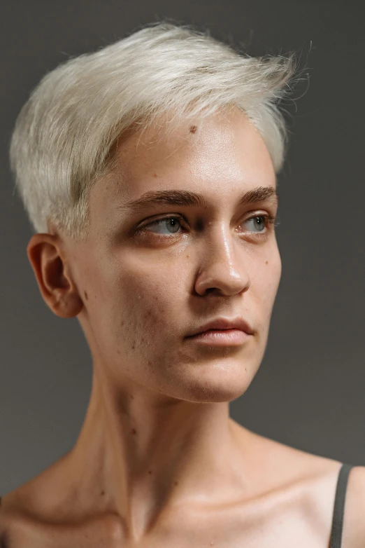 a woman with white hair wearing a tank top, a character portrait, trending on pexels, hyperrealism, nonbinary model, small character. unreal engine 5, silicone skin, sparse freckles