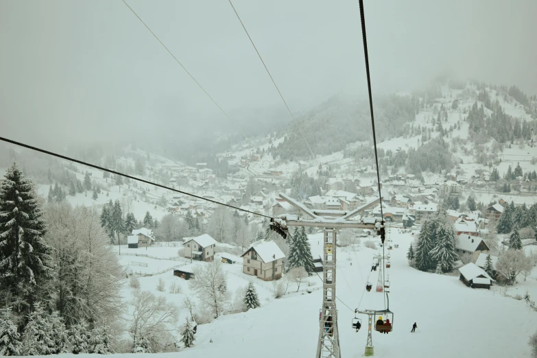 a ski lift sitting on top of a snow covered slope, pexels contest winner, renaissance, view of villages, avatar image, grayish, high quality product image”