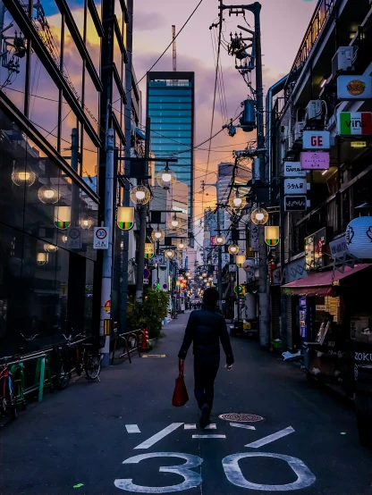 a person walking down a street next to tall buildings, a picture, pexels contest winner, ukiyo-e, at dusk!, 🚿🗝📝, shibuya, back alley
