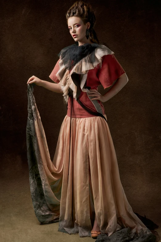 a woman in a dress holding a scarf, an album cover, inspired by Anna Füssli, style of emil melmoth, full color photograph, frilly outfit, dirk dzimirsky