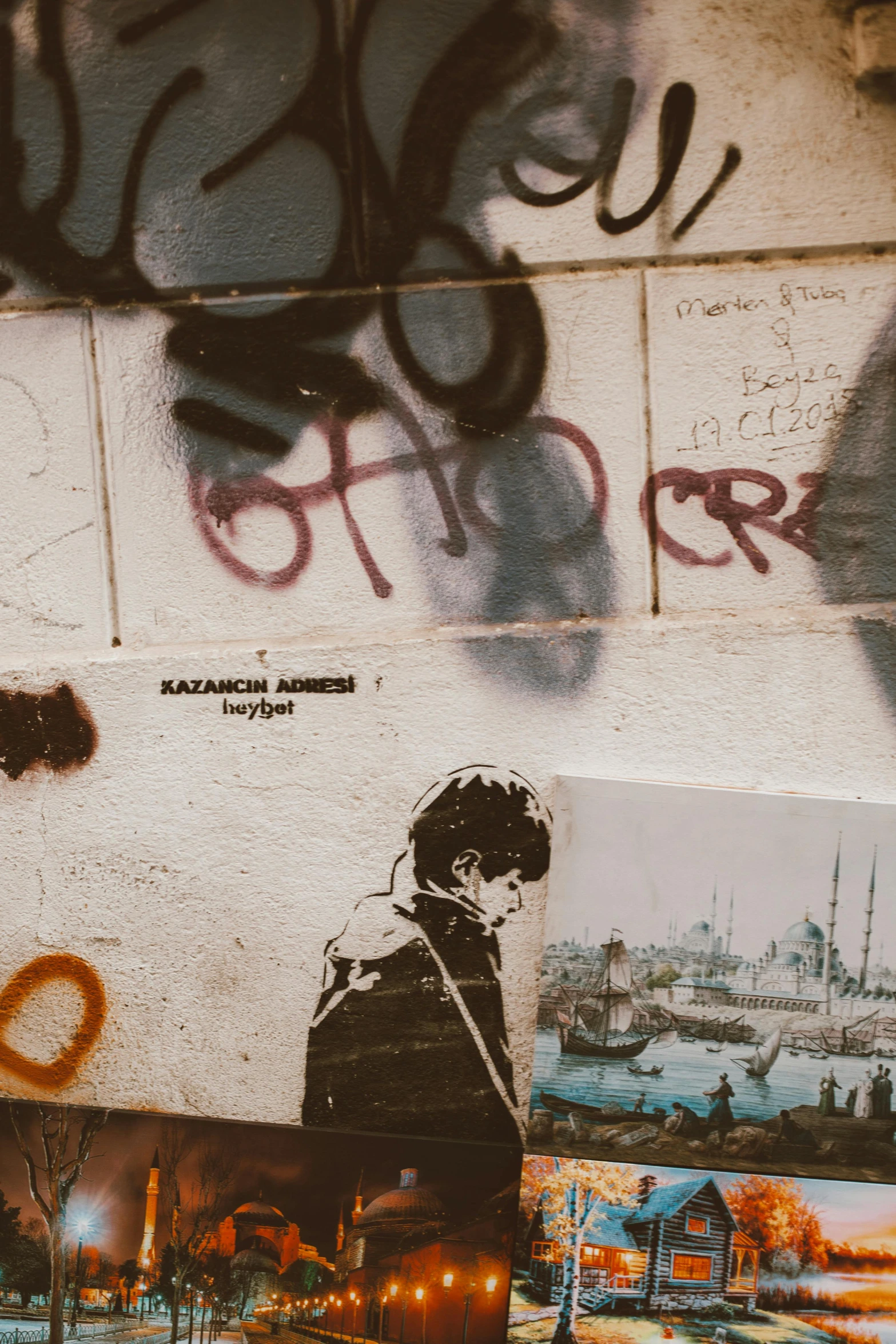 a toilet sitting next to a wall covered in graffiti, an album cover, trending on pexels, istanbul, street printed poster, “portrait of leonard cohen, after a riot