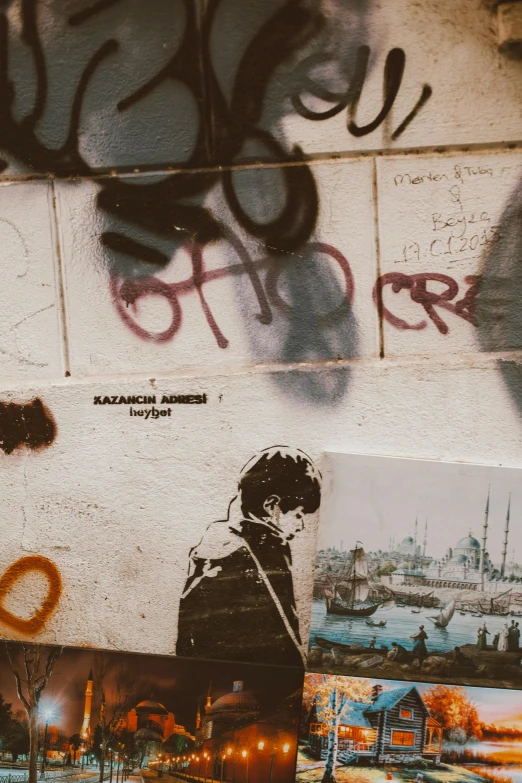 a toilet sitting next to a wall covered in graffiti, an album cover, trending on pexels, istanbul, street printed poster, “portrait of leonard cohen, after a riot