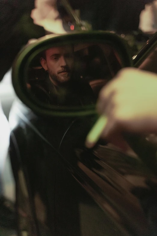 a man's reflection in the rear view mirror of a car, by Thomas Wijck, post malone, making of, porche, mac miller