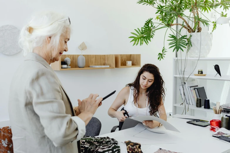 a woman sitting at a table in front of a man, a photo, by Emma Andijewska, pexels contest winner, standing on a desk, designer product, older woman, woman holding another woman