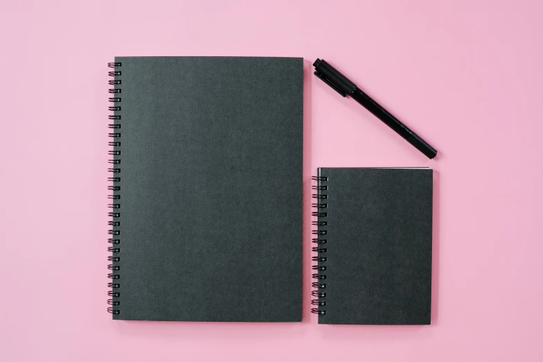 a notebook and a pen on a pink background, an album cover, by Julia Pishtar, pexels contest winner, minimalism, all black matte product, charcoal color skin, schematic in a notebook, different sizes