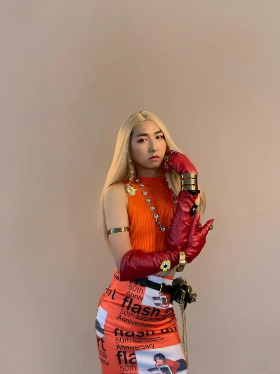 a woman in a costume is posing for a picture, an album cover, inspired by Yang J, unsplash, chunky gauntlets, trending on r/streetwear, asuka, profile image