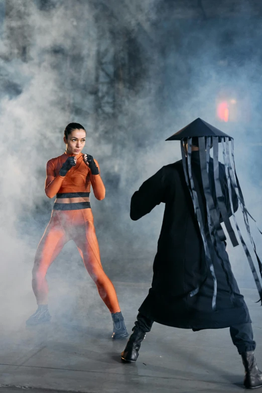 a couple of people that are standing in the smoke, an album cover, inspired by Fu Baoshi, pexels contest winner, gutai group, madison beer as leeloo, ninjas, performing on stage, behind the scenes photo