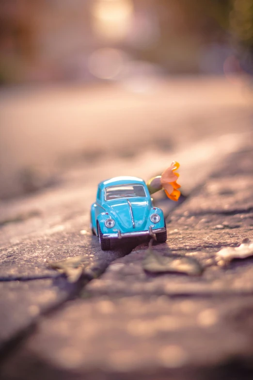 a toy car sitting on the side of a road, by Sebastian Spreng, pexels contest winner, tiny insects, blue, 15081959 21121991 01012000 4k, chasing a robber down a street