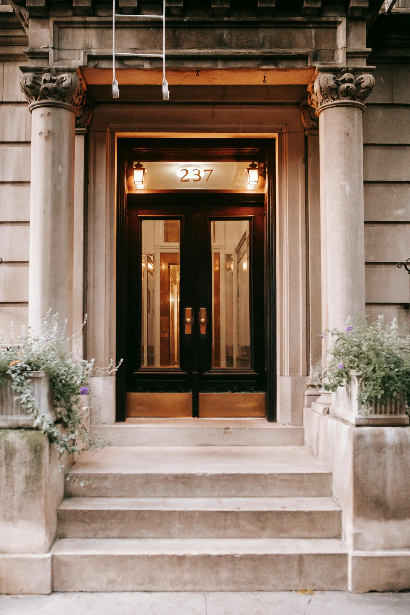 a couple of planters sitting on the steps of a building, by Nina Hamnett, pexels contest winner, art nouveau, tall door, golden hour in manhattan, side lights, mansion