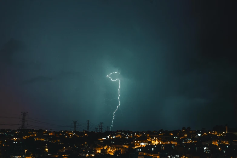 a lightning bolt in the sky over a city, by Niko Henrichon, pexels contest winner, ☁🌪🌙👩🏾, angry light, up there, low-key