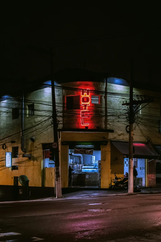a red neon sign sitting on the side of a building, by Matteo Pérez, pexels contest winner, holography, são paulo, dimly-lit cozy tavern, hot food, closed limbo room