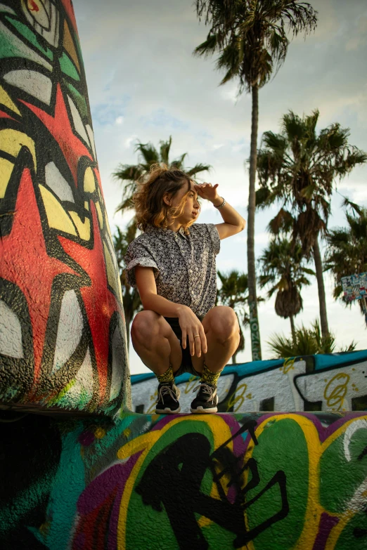 a woman sitting on top of a skateboard ramp, trending on pexels, graffiti, palm trees in the background, wavy hair spread out, profile image, boys