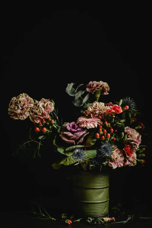 a vase filled with lots of flowers on top of a table, a still life, unsplash, baroque, dark backdrop, made of flowers and berries, high resolution photo, slide show