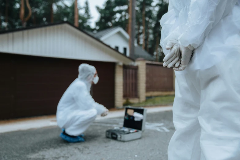 a man in a white hazmat suit standing next to another man in a white hazmat suit, pexels contest winner, people looking at a house, crime scene, background image, paiting