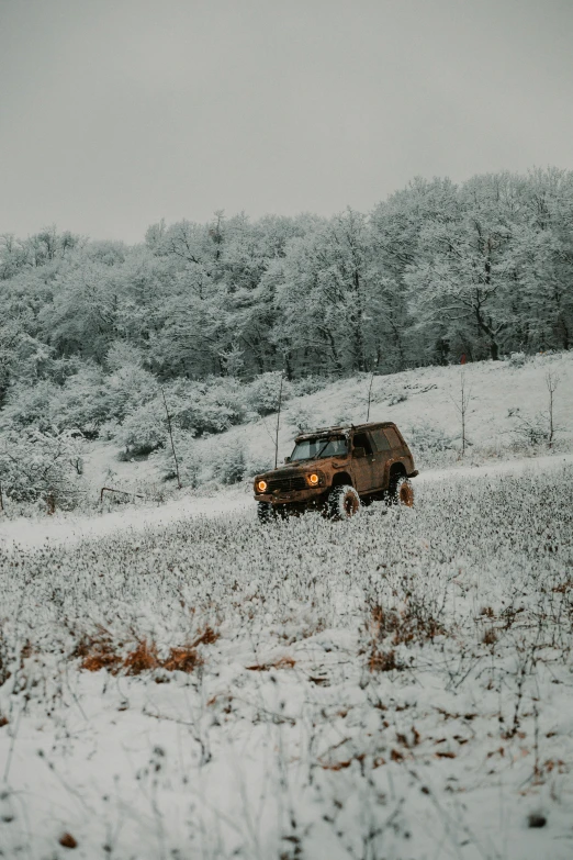 a jeep driving through a snow covered field, by Adam Marczyński, pexels contest winner, renaissance, maus in forest, muted browns, sovietwave aesthetic, square